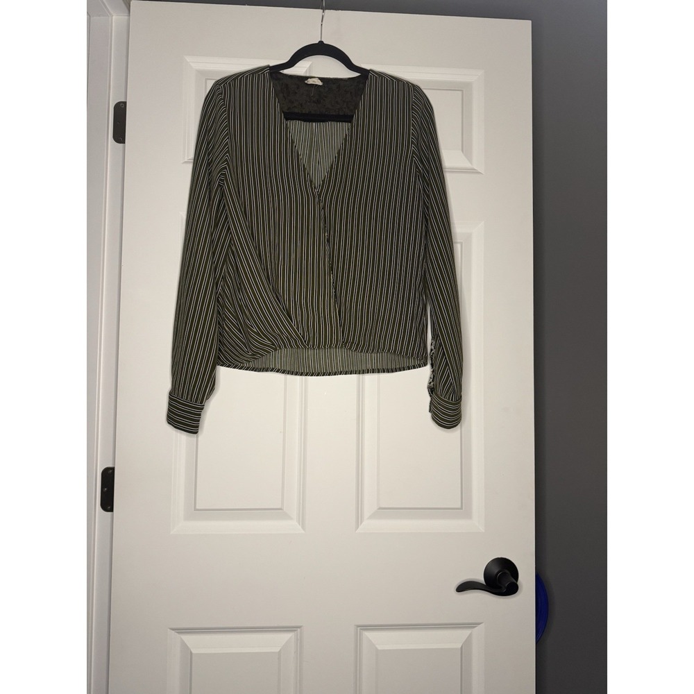 Hem And Thread Long Sleeve Striped Faux Wrap Blouse Medium Green Cream Navy